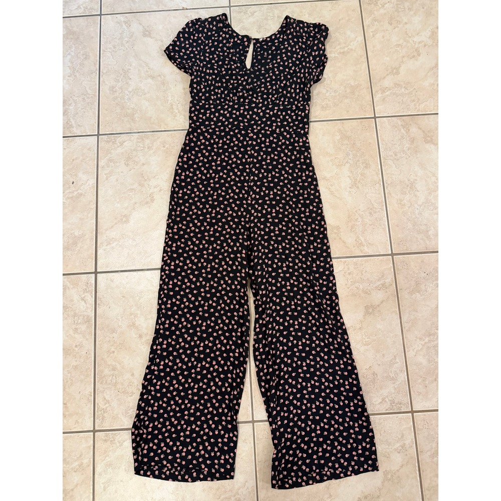 Free People Black Pink Floral‎ Wide Leg Short Sleeve V Neck Jumpsuit Romper 12 - Picture 3 of 5
